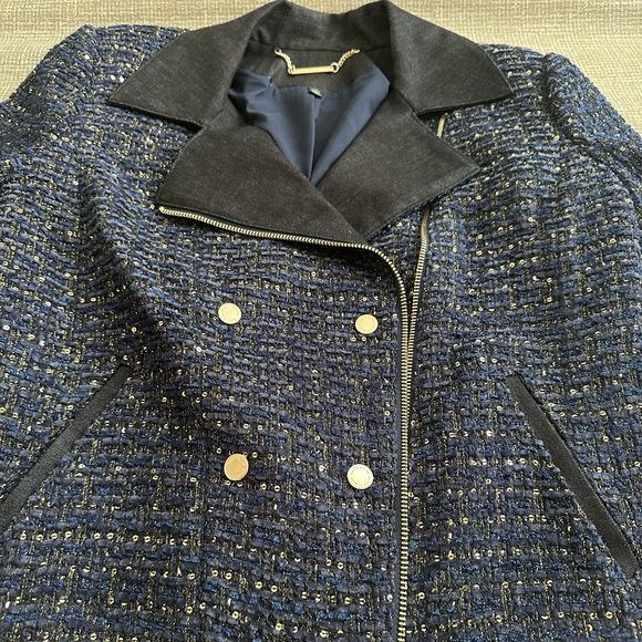 White House Black Market Women’s 14P Petite Lurex Tweed Moto Jacket – Navy Blue - Picture 5 of 16